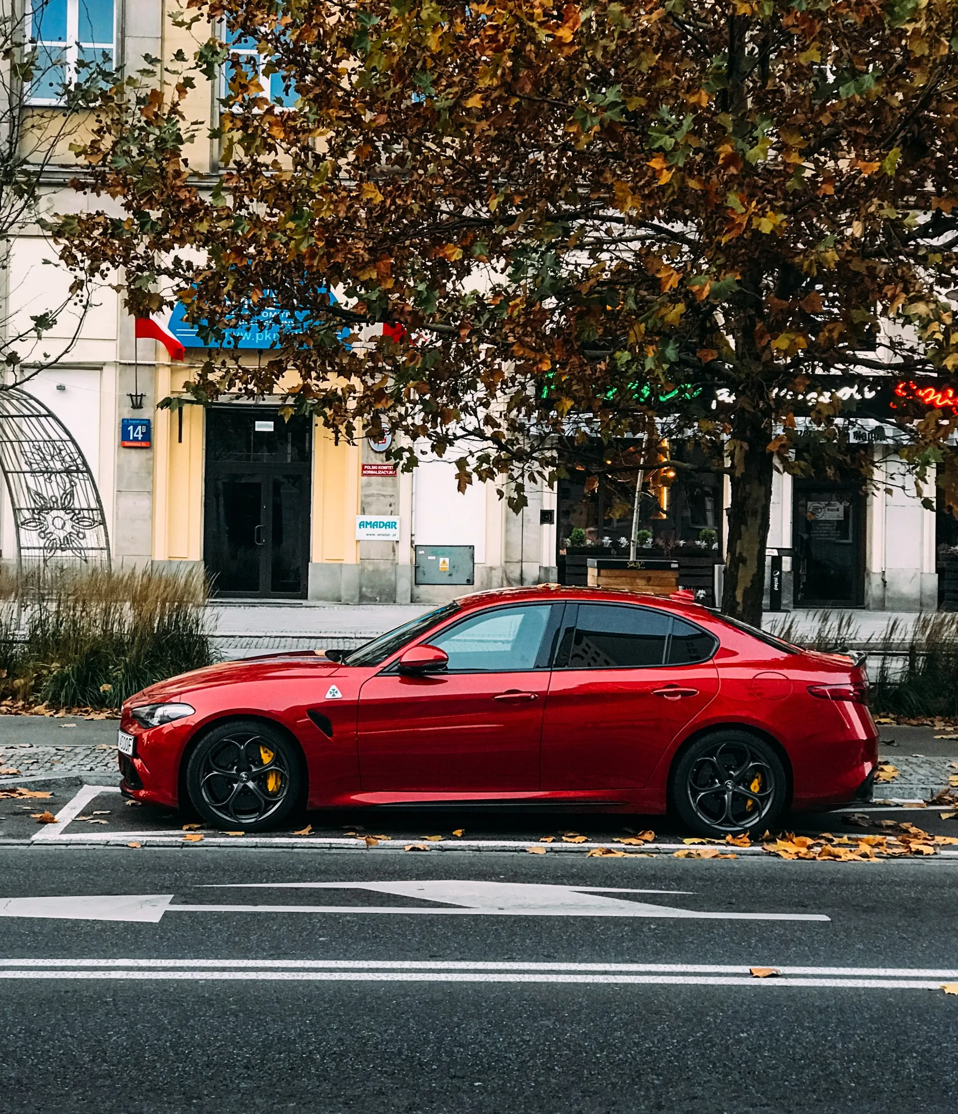 A red sports sedan parked along a city street beneath autumn trees.